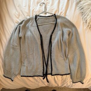 Light Gray Open-Front Knit Cardigan with Black Ties